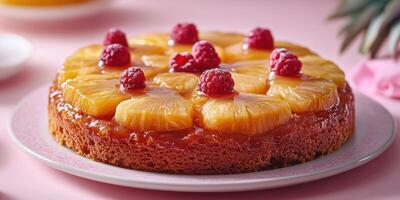 Pineapple upside-down cake with raspberries on plate surrounded by bright pink decorations photo