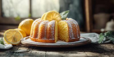 Delicious lemon cake presented on a wooden plate with fresh lemons and green leaves in a cozy setting photo