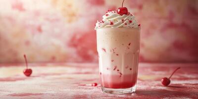 Refreshing cherry milkshake topped with whipped cream and sprinkled with bits of cherry photo