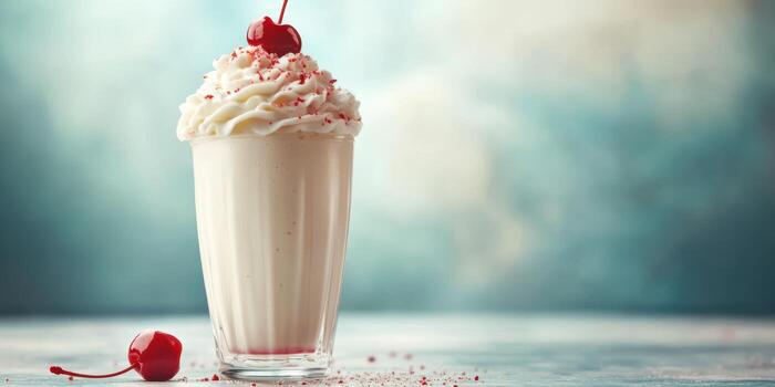 Delicious milkshake topped with whipped cream and cherries on a rustic table photo