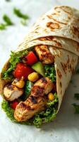 Delicious grilled chicken wrap filled with fresh vegetables served on a white background photo