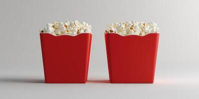 Two red containers filled with freshly popped popcorn arranged side by side on a neutral background photo
