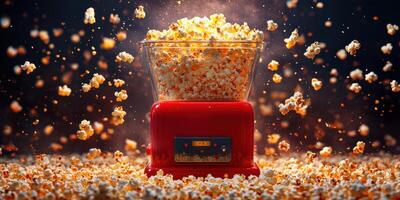 Popcorn machine overflowing with freshly popped corn, creating a delightful spectacle in a vibrant kitchen setting photo