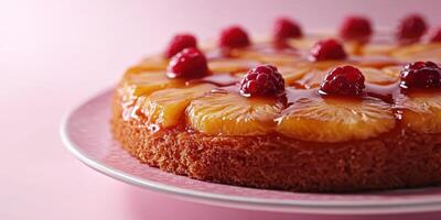 Delicious upside-down cake with pineapple and raspberries served on a decorative plate photo
