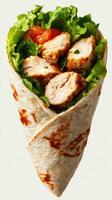Freshly made wrap featuring grilled chicken, fresh lettuce, and tomato on a white background photo