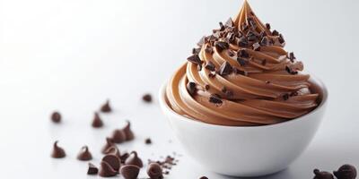 Decadent chocolate soft serve topped with chocolate chips on a clean white surface during daylight photo