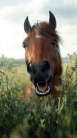 Brown horse with a cheerful expression in a vibrant green field under a cloudy sky photo