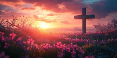 Sunset over a peaceful meadow with a wooden cross surrounded by blooming flowers photo