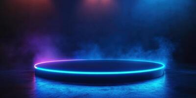 Illuminated stage with colorful neon lights and fog effects for a nighttime performance in a dark setting photo