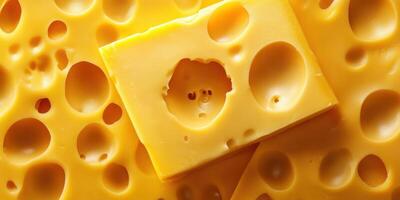 Close-up view of Swiss cheese with distinctive holes on a bright yellow surface photo