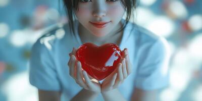 Young woman holding a shiny red heart-shaped object in a soft, dreamy background filled with colors photo