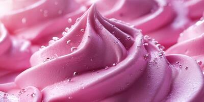 Delicious pink frosting on a cake with delicate swirls and moisture droplets captured in soft light photo