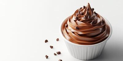 Delicious chocolate soft serve ice cream topped with chocolate chips in a white bowl photo