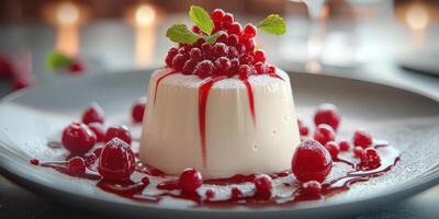 Exquisite dessert with fresh berries and raspberry sauce served on a stylish plate in an elegant dining setting photo