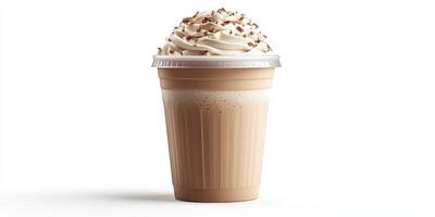Creamy chocolate drink topped with whipped cream served in a transparent cup photo