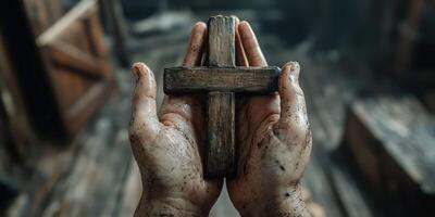 Hands holding a weathered wooden cross in a dimly lit, rustic environment with a sense of reverence and spirituality photo