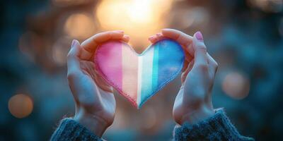 Hands holding a heart-shaped fabric in trans pride colors during a beautiful sunset in an outdoor setting photo