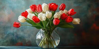 Vibrant tulip bouquet in glass vase on textured backdrop showcasing red and white flowers photo