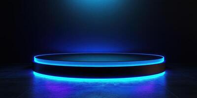 Illuminated stage with blue neon lights in a dark environment, perfect for performances and presentations photo