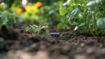 A closeup of a sensor device integrated into a moisturerich soil bed with surrounding plant video