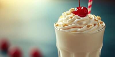 Delicious milkshake topped with whipped cream and cherry served in a tall glass with a straw in a cozy cafe setting photo