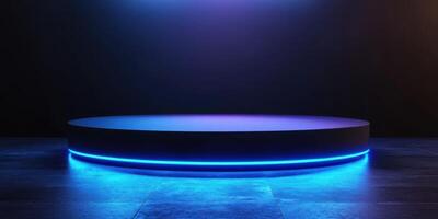 Minimalistic stage setup with blue lighting creating an atmospheric backdrop for performances or presentations photo