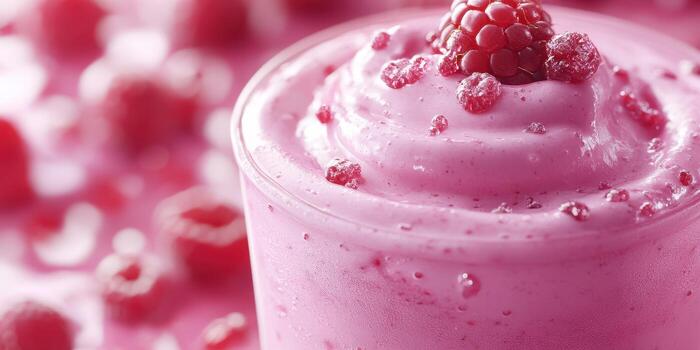 Delicious raspberry smoothie topped with fresh berries served in a glass on a vibrant pink background photo