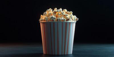 Delicious buttery popcorn served in a striped cup ready for movie night photo