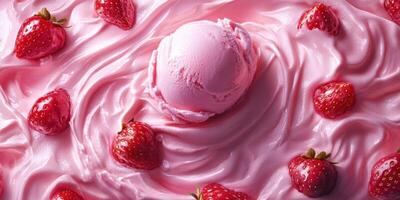 Soft serve strawberry ice cream swirled with fresh strawberries on a pastel pink background photo