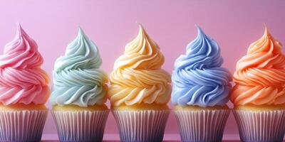 Colorful cupcakes neatly arranged with vibrant frosting in a pastel setting photo