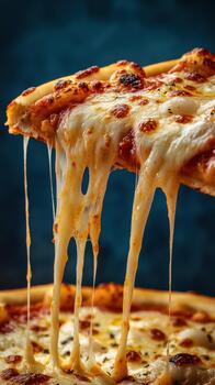 delicioso caseoso Pizza rebanada siendo tirado desde un caliente pan con instrumentos de cuerda de Derretido queso foto