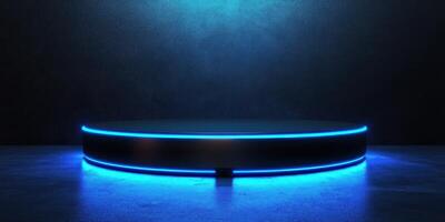 Elevated platform with blue neon lighting in a dark environment during nighttime photo