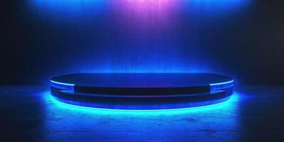 Modern illuminated stage with blue neon lights set in dimly lit atmosphere for performances and entertainment events photo
