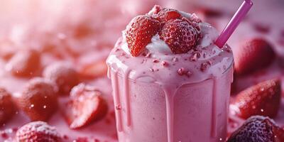 Strawberry milkshake topped with fresh strawberries and whipped cream in a bright setting photo