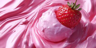 Creamy strawberry ice cream topped with fresh strawberry in a swirl of pink cream photo