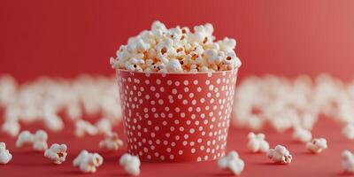 Freshly popped popcorn in a red polka dot container surrounded by scattered kernels photo