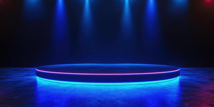 Colorful stage setup with blue and pink lights illuminating a circular platform in a dark venue photo