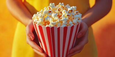 Enjoying fresh popcorn in a cheerful outdoor setting during a sunny day photo