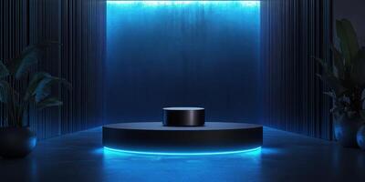 Modern exhibition space with blue lighting and minimalistic design features in an urban setting photo