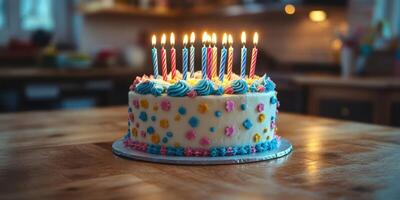 Colorful birthday cake with candles lit in a cozy kitchen setting during a celebration photo