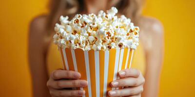Enjoying fresh popcorn in a vibrant atmosphere with cheerful yellow backdrop photo