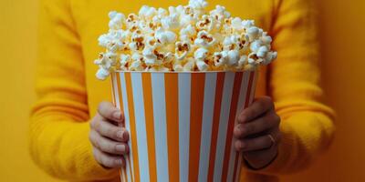 Enjoying a large bucket of fresh popcorn while wearing a cozy yellow sweater in a bright setting photo