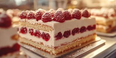 Fresh raspberry cake displayed in a bakery with creamy frosting and layers of sponge at sunset photo