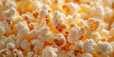 Freshly popped popcorn with a golden hue displayed in a close-up view showcasing its fluffy texture and irregular shapes photo