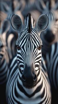 Close-up of a zebra surrounded by others in herd during golden hour in the wild photo