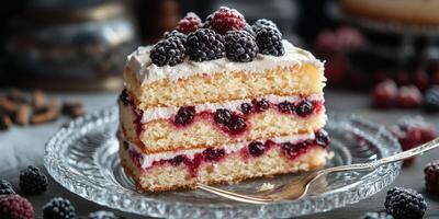 Delicious layered cake with fresh blackberries and raspberries on a glass plate served with a fork photo