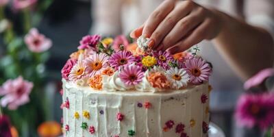 Decorated cake with colorful flowers being adorned in a cozy kitchen setting during springtime photo