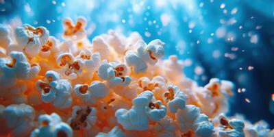 Popcorn floating in blue water creating a vibrant underwater atmosphere with bubbles and a whimsical look photo