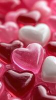 Colorful heart-shaped gems scattered on a vibrant pink background create a playful, romantic atmosphere for celebrations photo