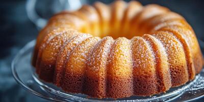 Delicious bundt cake decorated with powdered sugar served on a glass plate photo